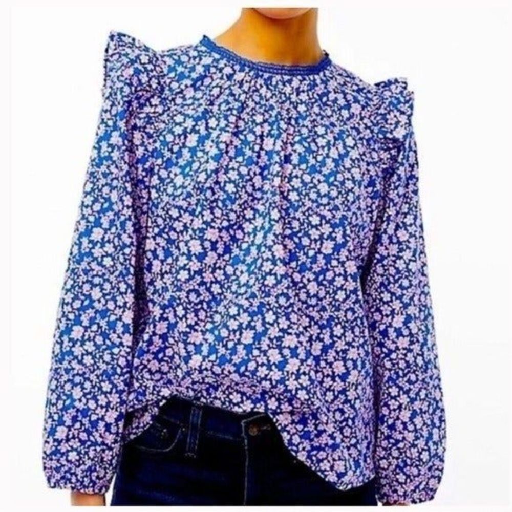 J. Crew Ruffled Floral Blouse, size medium long sleeve floral print crochet top.